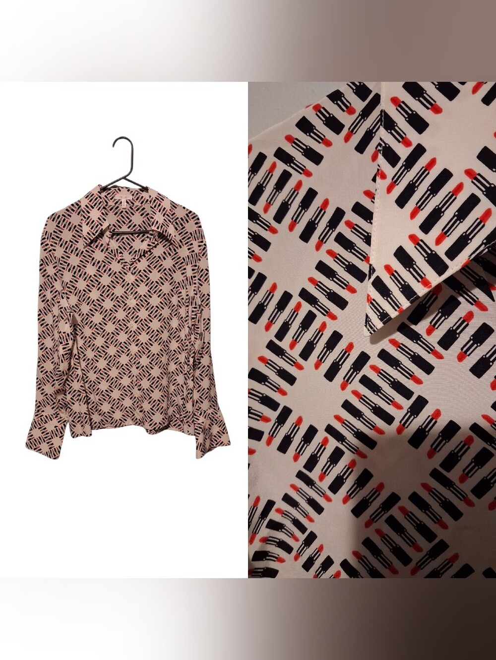 Escada 100% Silk Button Top Blouse Lipstick Print Women's Size 42 Office Preppy
